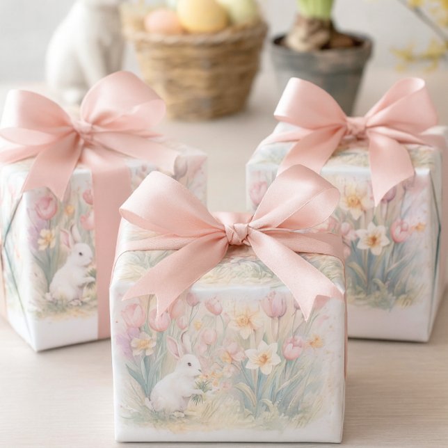 Hoja De Papel De Regalo Flores de conejito para primavera-Pascua  (Wrapped in bunny florals with blush bows, these spring gifts charm any Easter table setting.)
