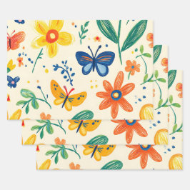 Hoja De Papel De Regalo Flores de crayón y mariposa