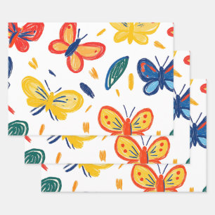 Hoja De Papel De Regalo Flores de crayón y mariposa