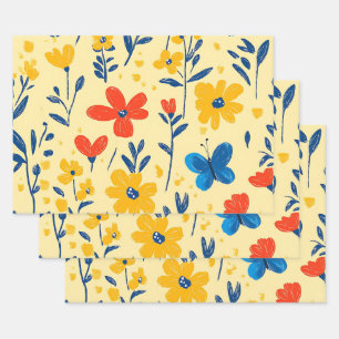 Hoja De Papel De Regalo Flores de crayón y mariposa