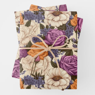 Hoja De Papel De Regalo Flores de Crema Púrpura Naranja de Antigüedades Fl
