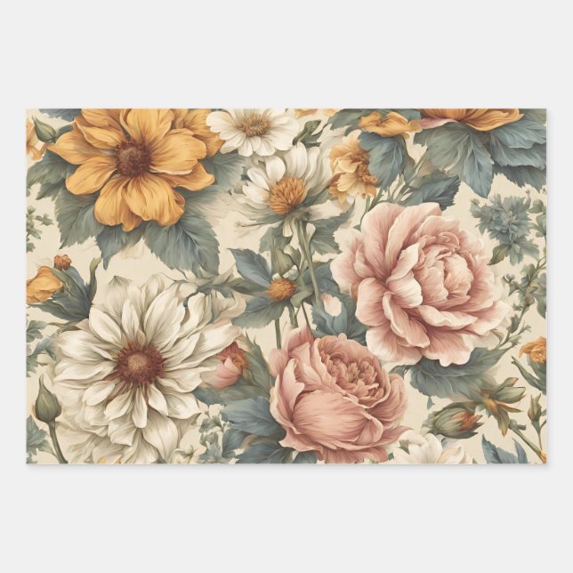 Hoja De Papel De Regalo Flores de época elegantes (Anverso)