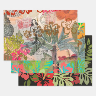 Hoja De Papel De Regalo Flores de época tropical hawaiana colorida hula