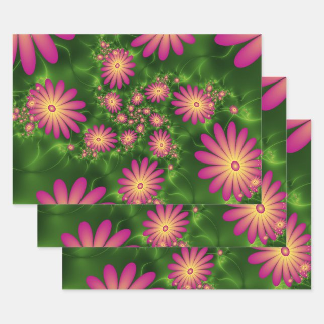 Hoja De Papel De Regalo Flores de fantasía rosa arte fractal abstracto mod (Set)
