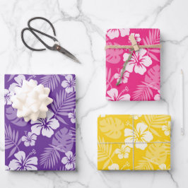 HOJA DE PAPEL DE REGALO FLORES DE HIBISCO TROPICAL AMARILLO PURPLE