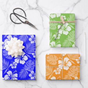 HOJA DE PAPEL DE REGALO FLORES DE HIBISCO TROPICAL NARANJA VERDE AZUL