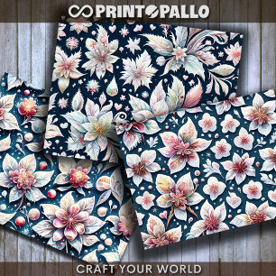 Hoja De Papel De Regalo Flores de invierno sobre fondo negro para desacopl