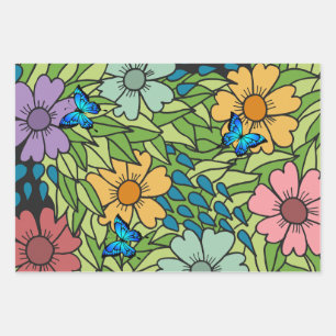 Hoja De Papel De Regalo Flores de jardín coloridas y mariposas abstractas