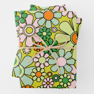 Hoja De Papel De Regalo Flores de jardín retro Groovy patrón de primavera