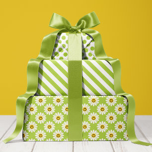 Hoja De Papel De Regalo Flores de Margarita Verdes Rayas Lunares