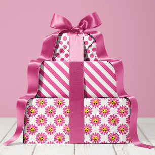 Hoja De Papel De Regalo Flores de Margaritas Rosadas Rayas Lunares