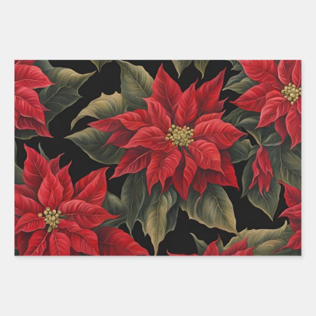 Hoja De Papel De Regalo Flores de Navidades negros de Poinsettias Rojas (Anverso)