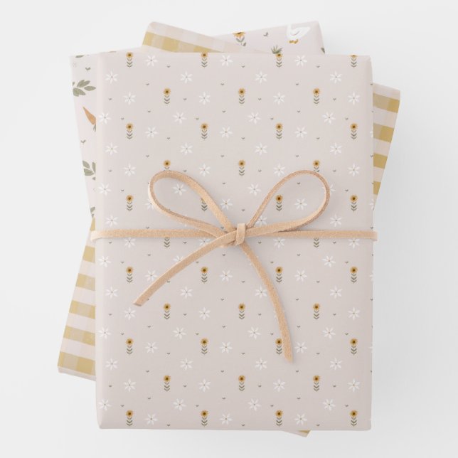Hoja De Papel De Regalo Flores de oca de granja Rústico Amarillo Gingham (In situ)
