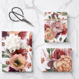 Hoja De Papel De Regalo Flores de Otoño Burdeos Rojo Naranja Botánico Flor