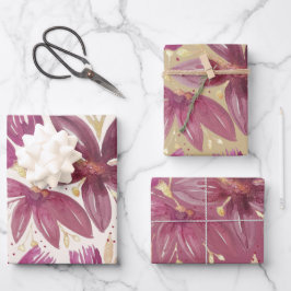 Hoja De Papel De Regalo Flores de pasión, color de agua Borgoña y oro