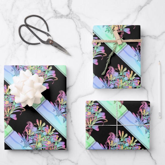 Hoja De Papel De Regalo Flores de Pastel Repetición Regalo Negro (Anverso)