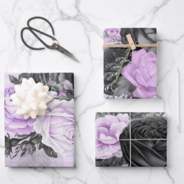 HOJA DE PAPEL DE REGALO FLORES DE PLATA NEGRO PURPLE Y PATRONES