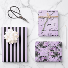 HOJA DE PAPEL DE REGALO FLORES DE PLATA NEGRO PURPLE Y PATRONES
