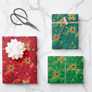 Hoja De Papel De Regalo Flores de Poinsettia de Navidad de Oro