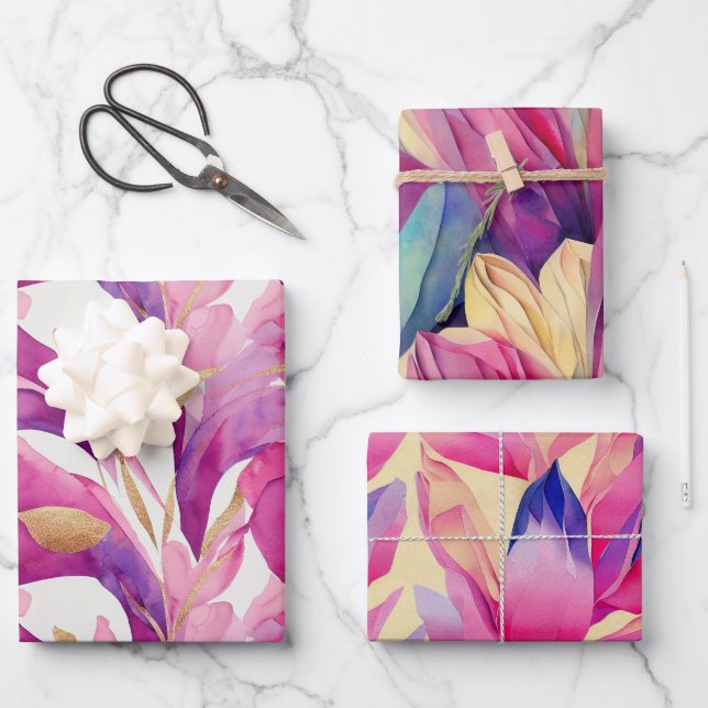 Hoja De Papel De Regalo Flores de primavera rosada vibrante pintadas de co (Anverso)