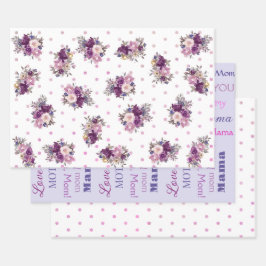 Hoja De Papel De Regalo Flores de puntos de polka morado y arte de palabra