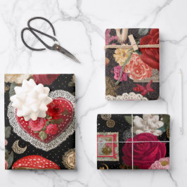 Hoja De Papel De Regalo Flores de Rosa Corazón Rosa Envoltura Vintage