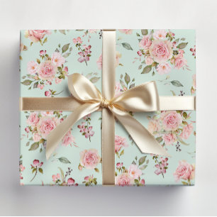Hoja De Papel De Regalo Flores de Rosas Rosadas en Patrón Floral Acuarela