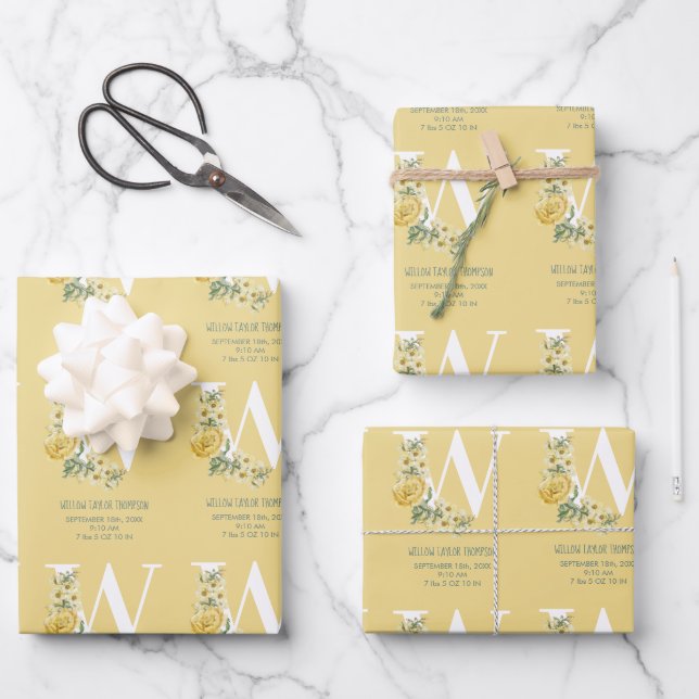 Hoja De Papel De Regalo Flores de venado amarillas Estadísticas iniciales  (Anverso)