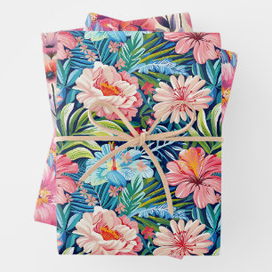 Hoja De Papel De Regalo Flores de Verano Tropicales Patrón Floral Botánico