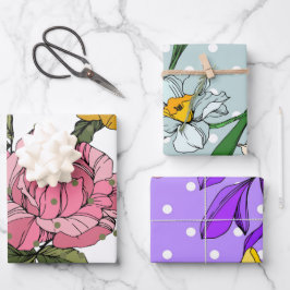 Hoja De Papel De Regalo Flores dibujadas a mano Adorables Púrpura Azul Ros