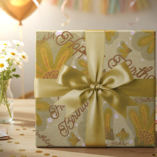 Hoja De Papel De Regalo Flores Doradas Pintadas a Mano