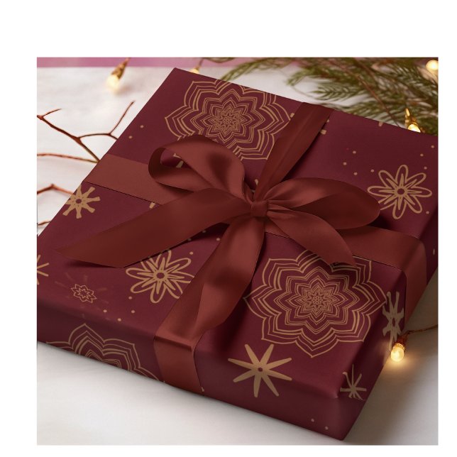 Hoja De Papel De Regalo Flores doradas y estrellas en Borgoña (Subido por el creador)
