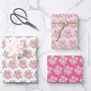 Hoja De Papel De Regalo Flores elegantes de rosa brillante y dorado