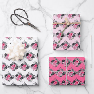 Hoja De Papel De Regalo Flores elegantes de rosa caliente y plata