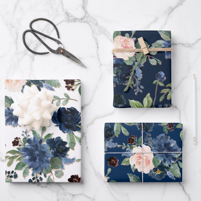 Hoja De Papel De Regalo Flores Elegantes | Estampado Floral Azul Marino y  (Anverso)