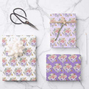 Hoja De Papel De Regalo Flores elegantes rosadas y moradas
