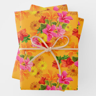 Hoja De Papel De Regalo Flores elegantes sobre naranja