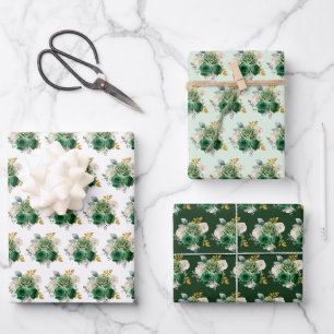 Hoja De Papel De Regalo Flores Elegantes Verde Oscuro y Dorado