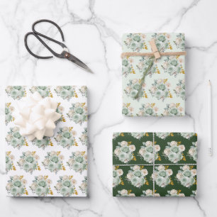 Hoja De Papel De Regalo Flores Elegantes Verde Salvia y Dorado