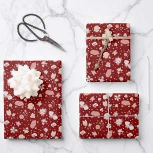 Hoja De Papel De Regalo Flores Esbozadas sobre Rojo Oscuro