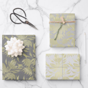 Hoja De Papel De Regalo Flores estilizadas Art Deco Dorado y Gris