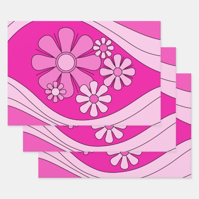 Hoja De Papel De Regalo Flores Floral Daydream Retro Hot Pink 60's (Set)