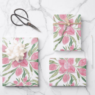 Hoja De Papel De Regalo Flores florecientes de color verde rosado de veran
