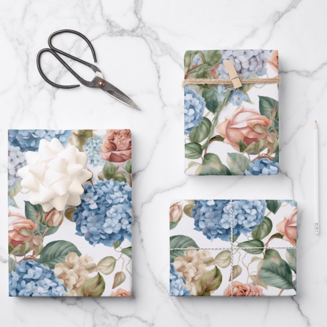 Hoja De Papel De Regalo Flores, hortensias, rosas añejos, rosas rosas rosa (Anverso)