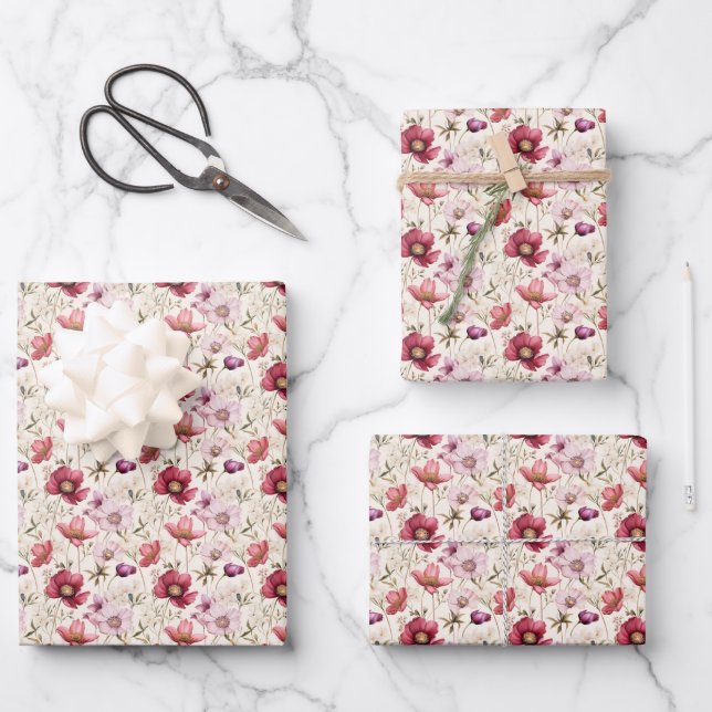 Hoja De Papel De Regalo Flores mezcladas sobre marfil (Anverso)