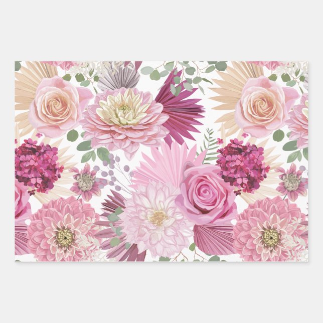 Hoja De Papel De Regalo Flores mixtas de jardín rosado (Anverso)