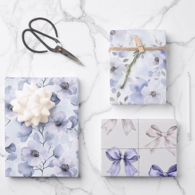 Hoja De Papel De Regalo Flores Moradas y Lazos Bonitos (Anverso)