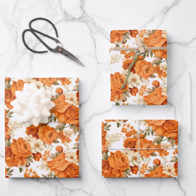 Hoja De Papel De Regalo Flores naranjas bohemias (Anverso)