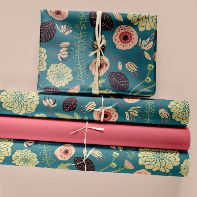 Hoja De Papel De Regalo Flores Patrón floral verde rosa (Green Teal Pink Floral Playful Mix Pattern Wrapping Paper Sheets from Studio Posies. )