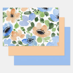Hoja De Papel De Regalo Flores Por Todas Partes, Peach, Blue, Green Waterc